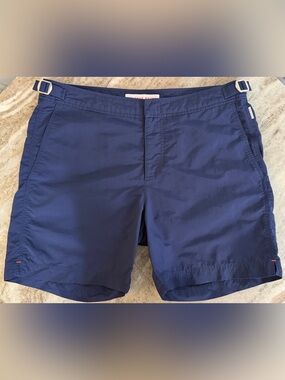 ORLEBAR BROWN BULLDOG SWIM TRUNK 32 BLUE PLAIN MINIMALIST SIDE TAB BOARD SHORTS